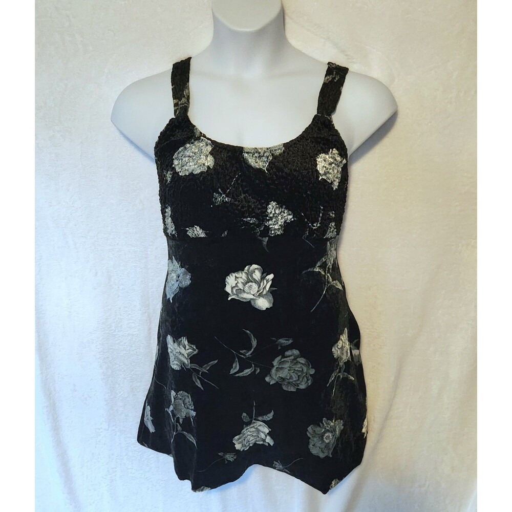Vintage Up Front Women's Sz L Crushed Velvet Skater Dress Black w/ Roses Y2K